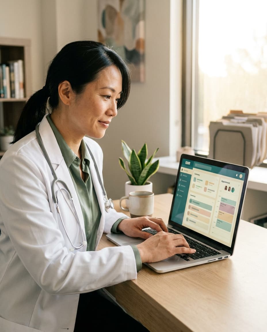 An Asian-American physician at her modern office desk working entirely on a laptop with the EMR dashboard — no paper anywhere