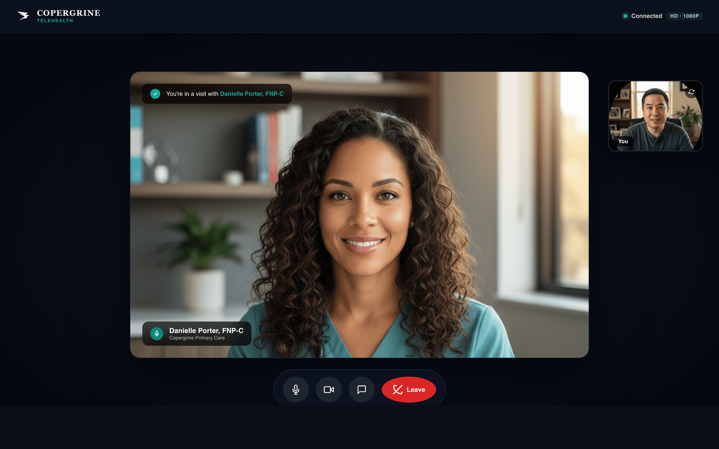 Patient view of a Copergrine telehealth video visit on desktop, seeing Danielle Porter FNP-C
