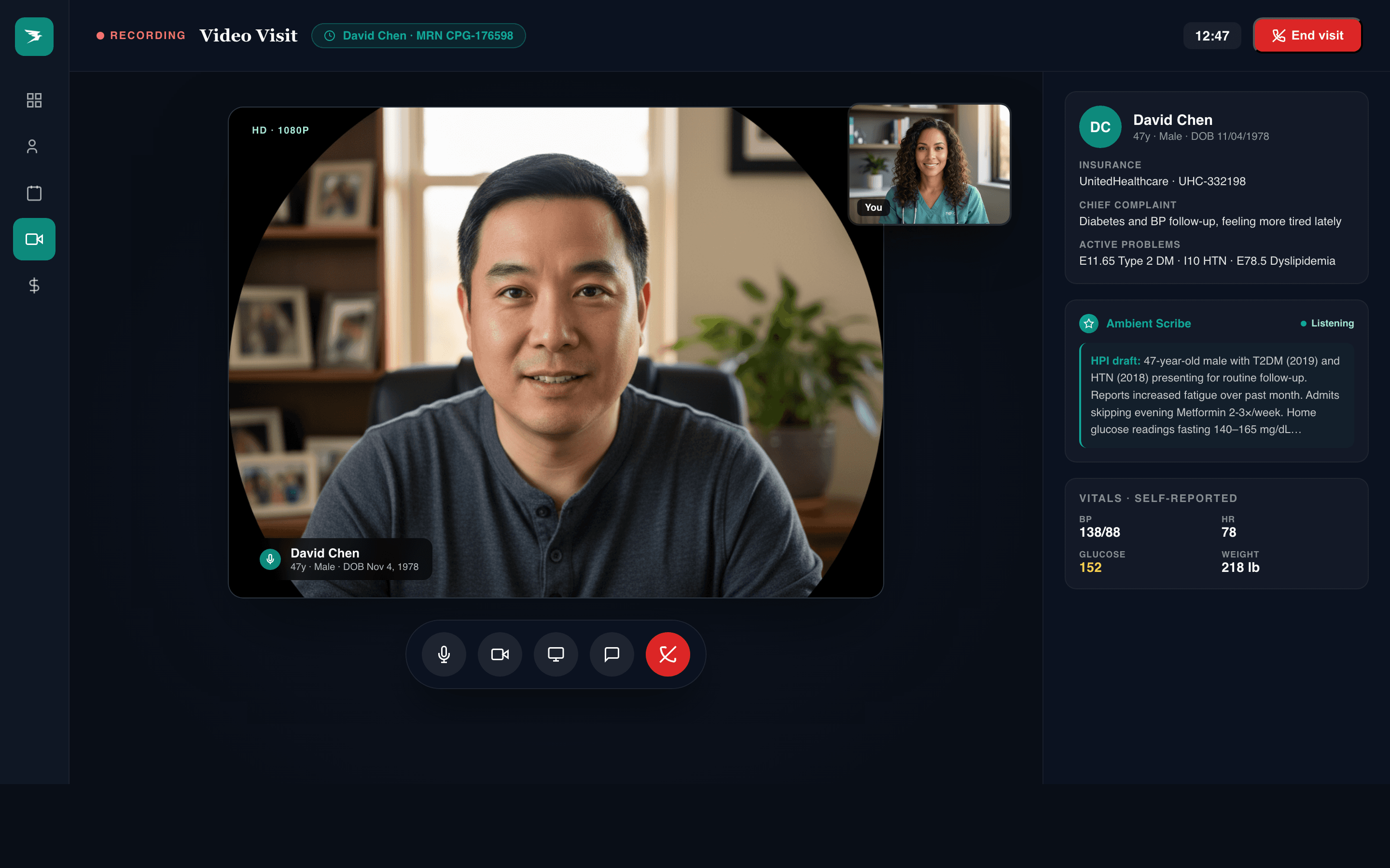 Provider view of a Copergrine telehealth video visit with patient tile, ambient scribe, and chart sidebar