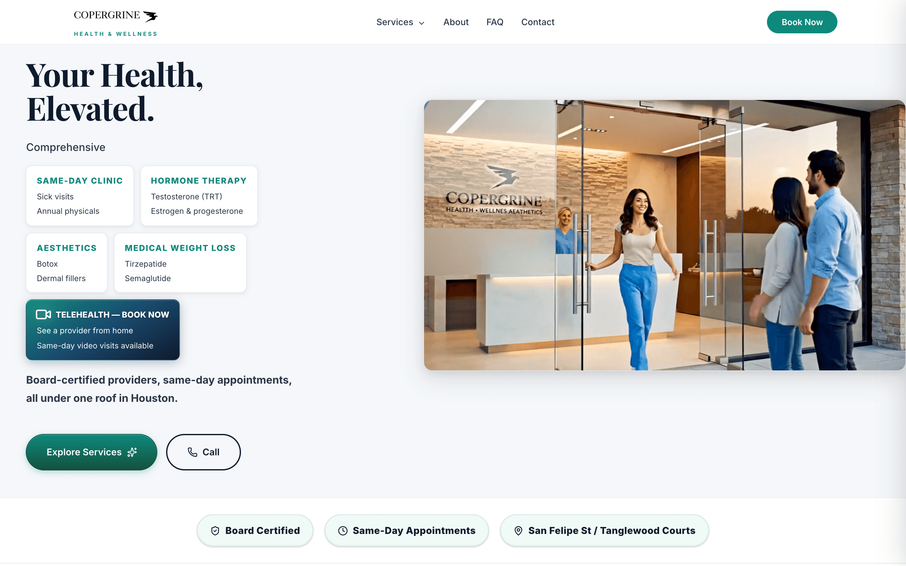 Copergrine wellness clinic homepage with service tiles and clinic photo