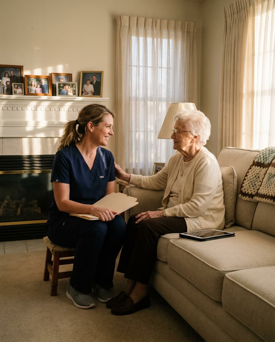 A home health nurse and an elderly patient sharing a moment of trust in the patient's living room