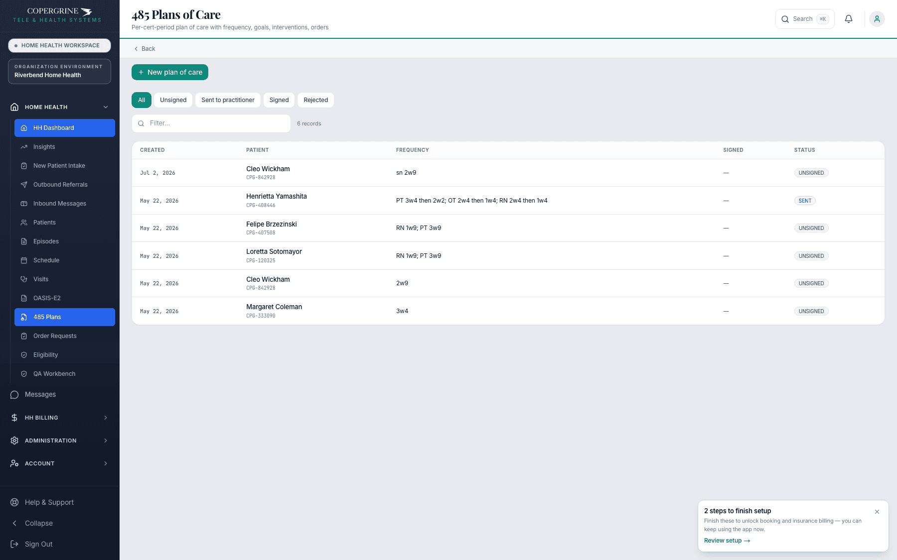 Copergrine 485 Plans of Care register — per-certification-period plans with discipline visit frequency (CMS-485 box 21), signature state, and status filters for unsigned, sent to practitioner, signed, and rejected
