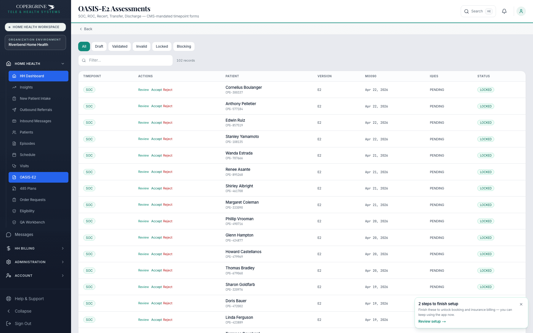 Copergrine OASIS-E2 assessment register — SOC, ROC, Recert, Transfer and Discharge timepoints with version, M0090 date, iQIES submission state, and validation status for every record