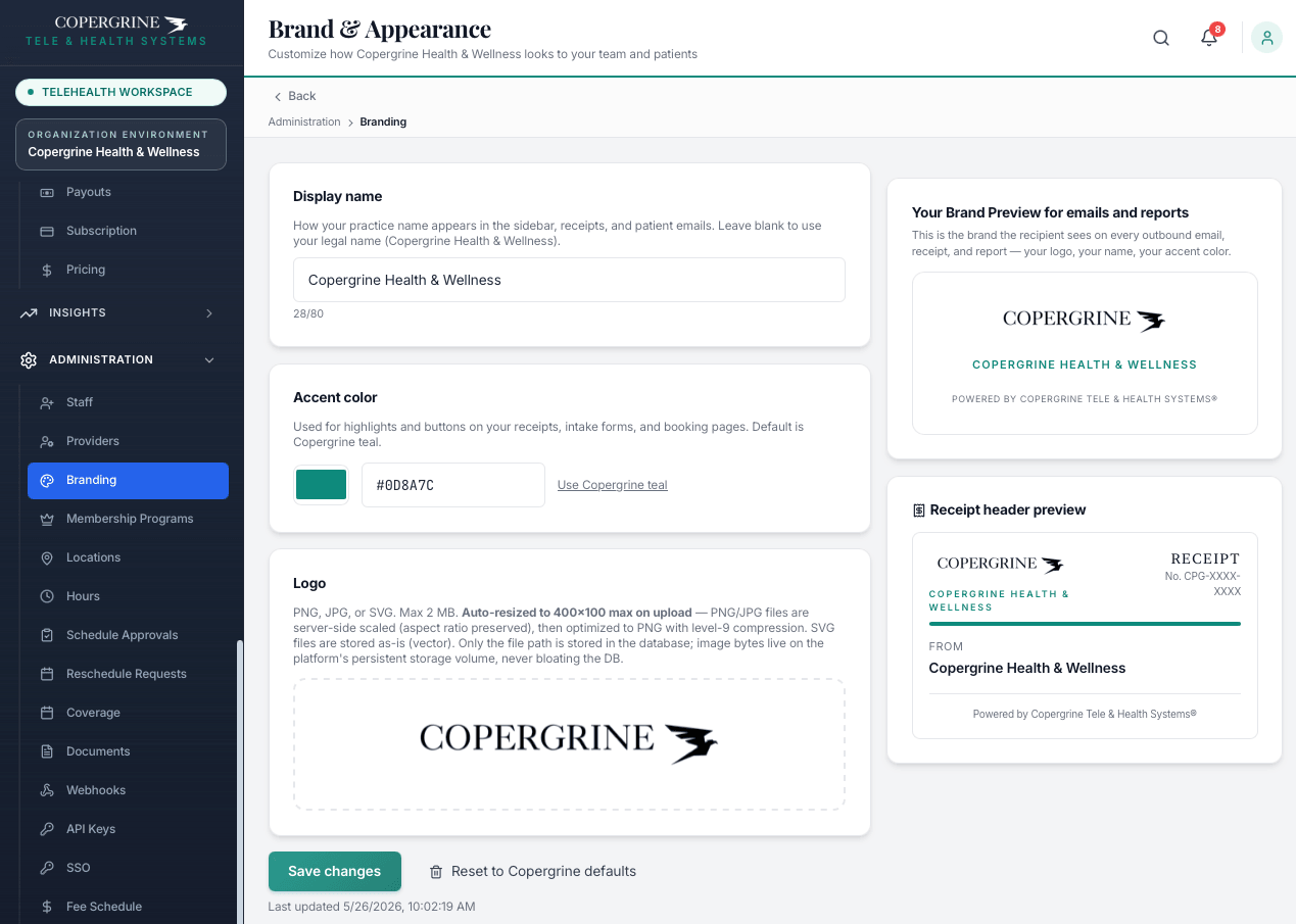 White-label branding settings — your practice display name, accent color, and logo applied to patient emails, receipts, statements, and portal