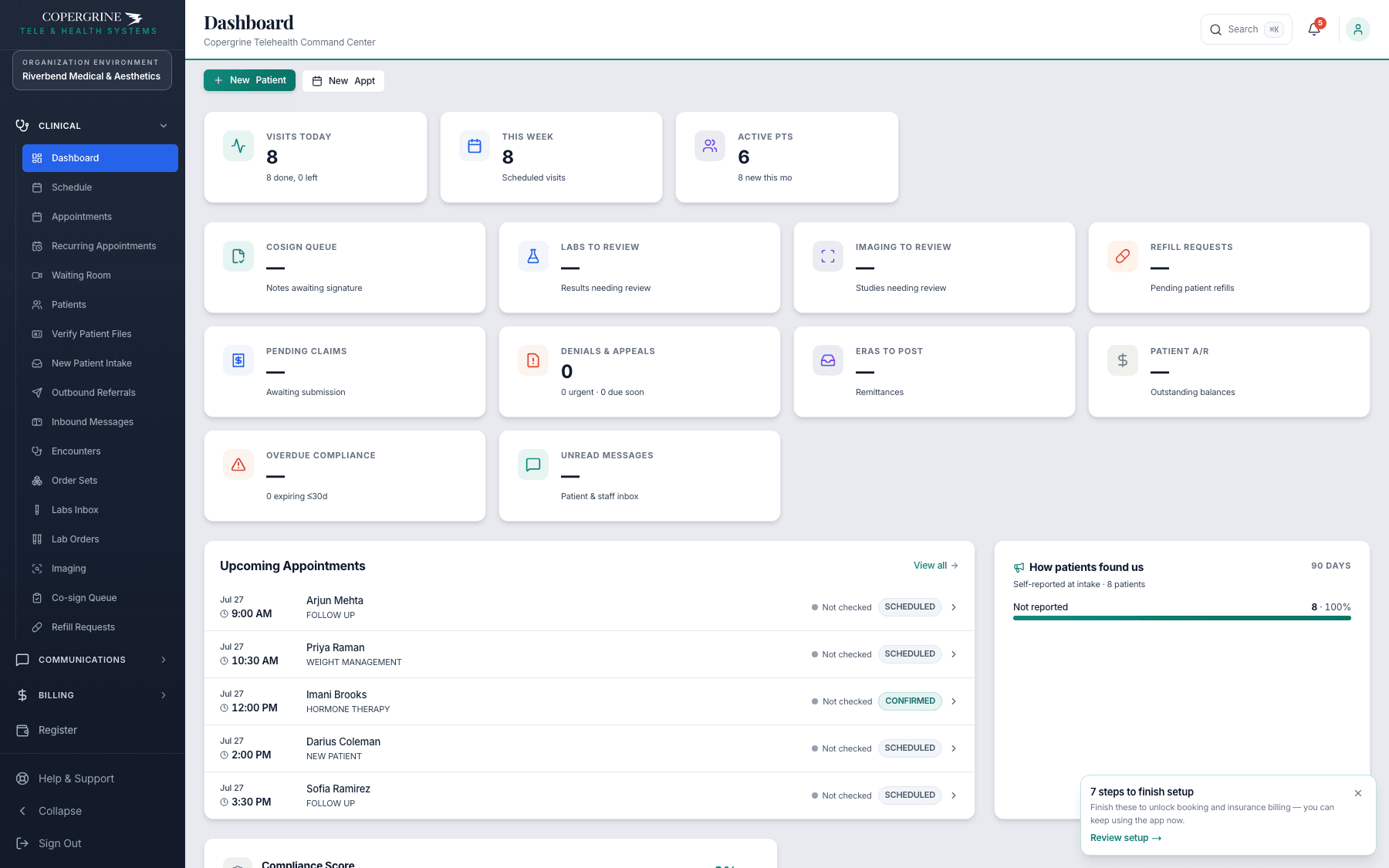 EMR dashboard — today's encounters, alerts, and queue