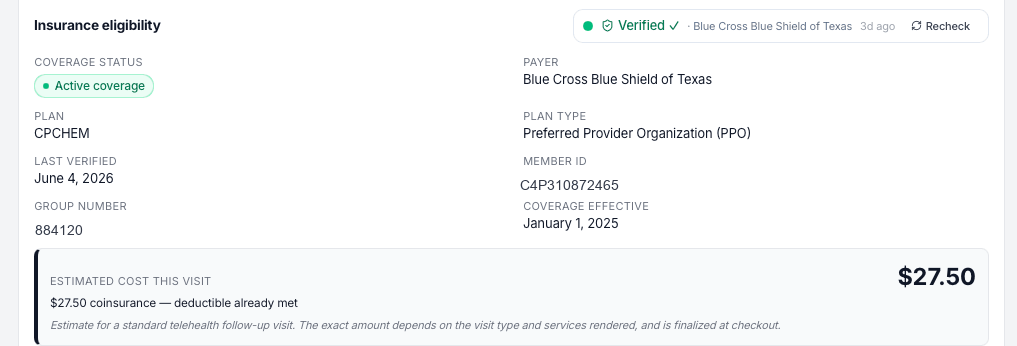 Real-time insurance eligibility check — verified active coverage with Blue Cross Blue Shield of Texas, plan, member ID, group, and the patient's estimated $27.50 cost for the visit