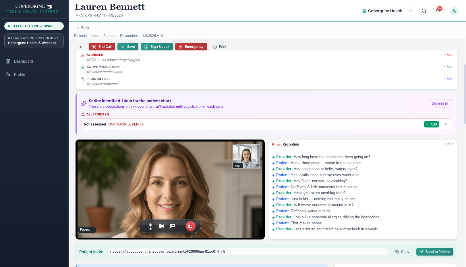Telehealth video visit in the Copergrine EMR — provider and patient on video while the ambient AI scribe transcribes the Provider and Patient conversation and suggests chart items for the provider to review and sign